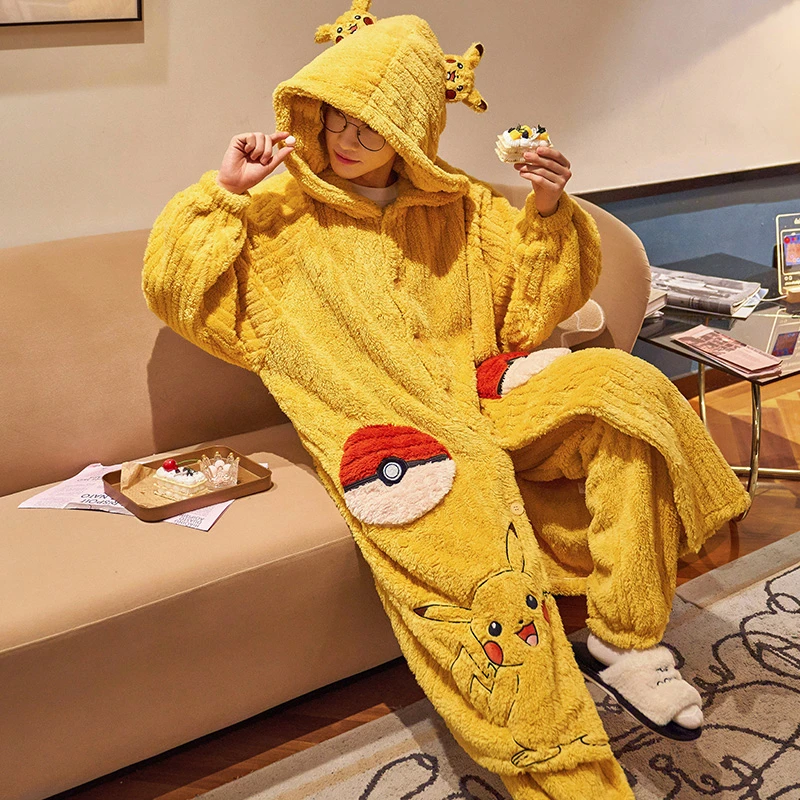 男士珊瑚绒睡袍连帽保暖秋冬季法兰绒睡衣男宽松家居服套装 1205