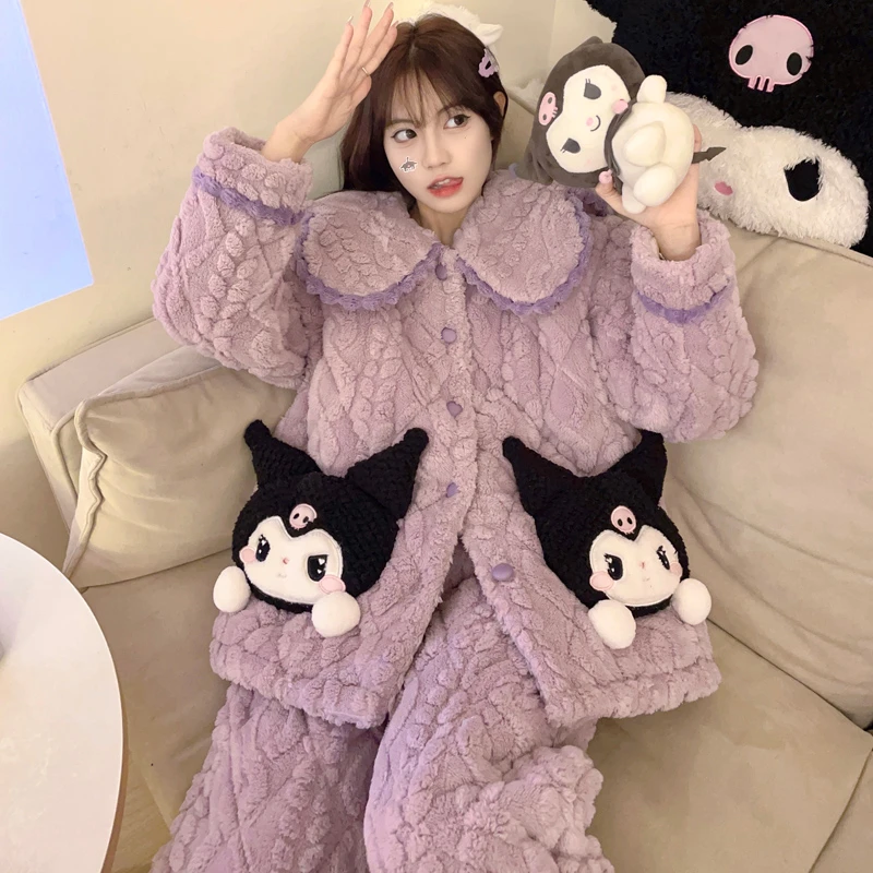 三层加厚夹棉冬季睡衣女士法兰绒卡通甜美珊瑚绒家居服套装 8953
