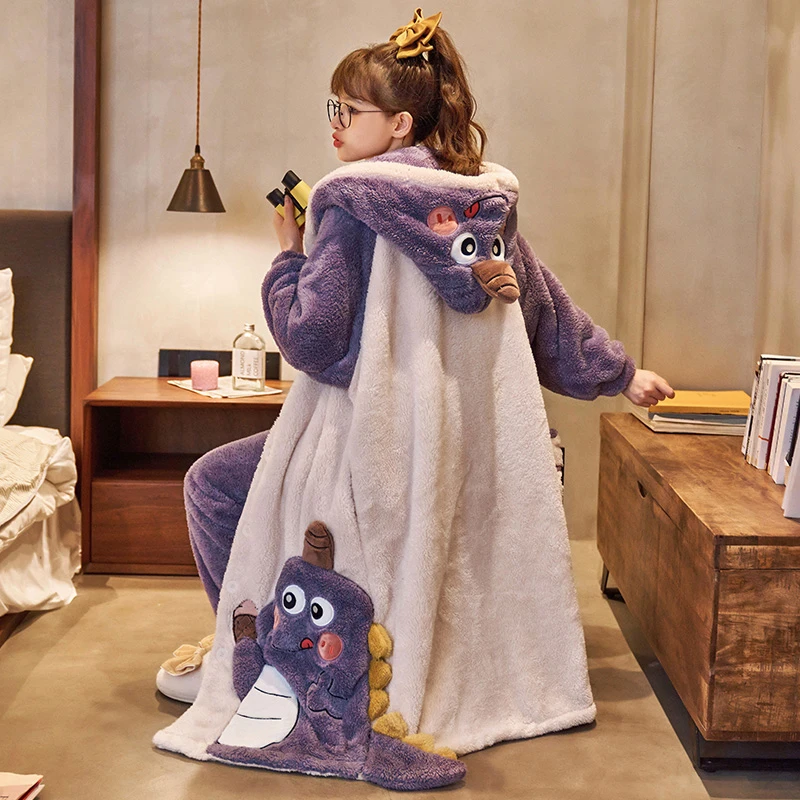 法兰绒睡袍女士秋冬季珊瑚绒睡衣女连帽加厚保暖卡通家居服 2172