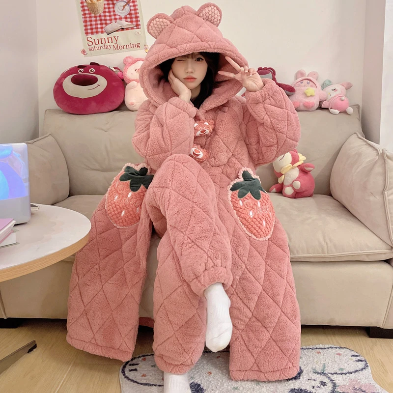 三层夹棉加厚加绒睡袍可外穿冬季睡衣女士卡通珊瑚绒家居服 9022