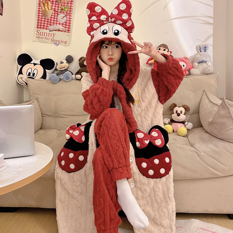 珊瑚绒睡袍女士秋冬季法兰绒睡衣女连帽加厚保暖卡通家居服 2174