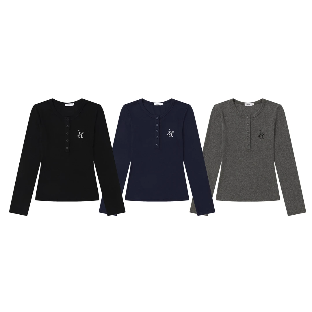 HottieDiary 美式简约刺绣纽扣针织长袖T恤女秋季辣妹紧身显瘦