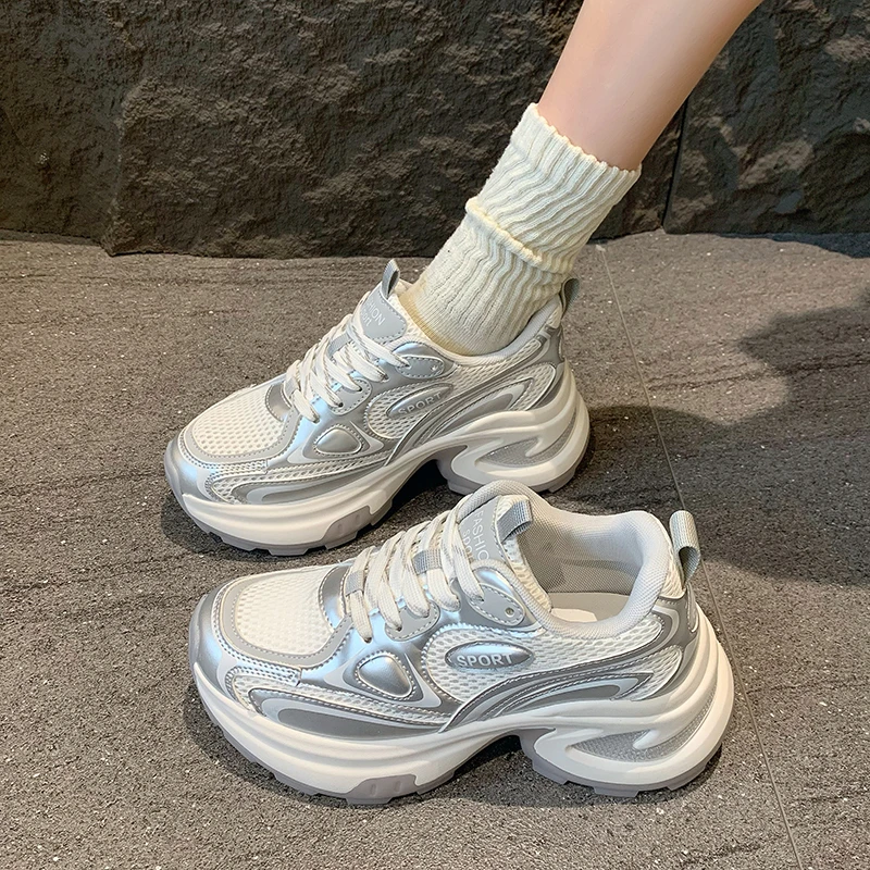 欧洲站2024厚底银色老爹鞋女夏季新款透气网面时尚增高休闲运动鞋