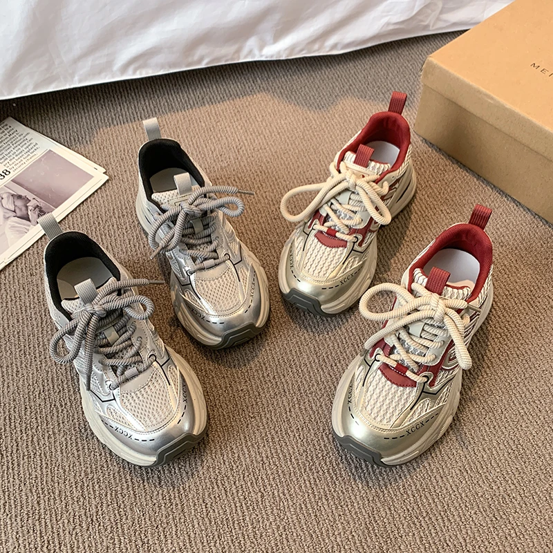 运动鞋女网红百搭透气老爹鞋厚底ins2024春时尚复古跑步网面韩版