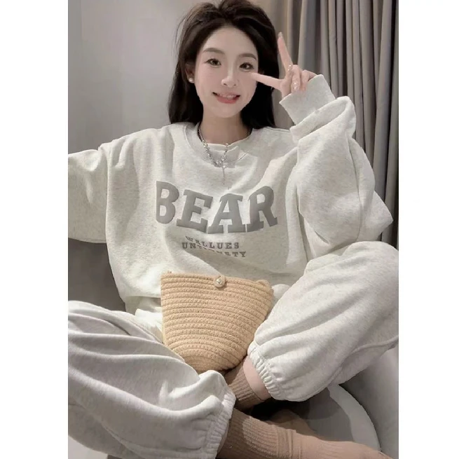 BEAR字母印花落肩男女款圆领情侣连帽加绒卫衣秋冬爆款上衣慵懒风