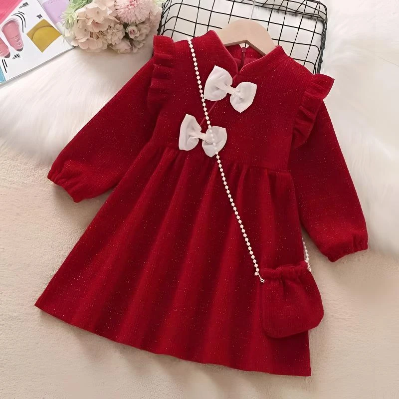女童加绒连衣裙秋冬款儿童小女孩新中式国风红色新年裙子拜年衣服