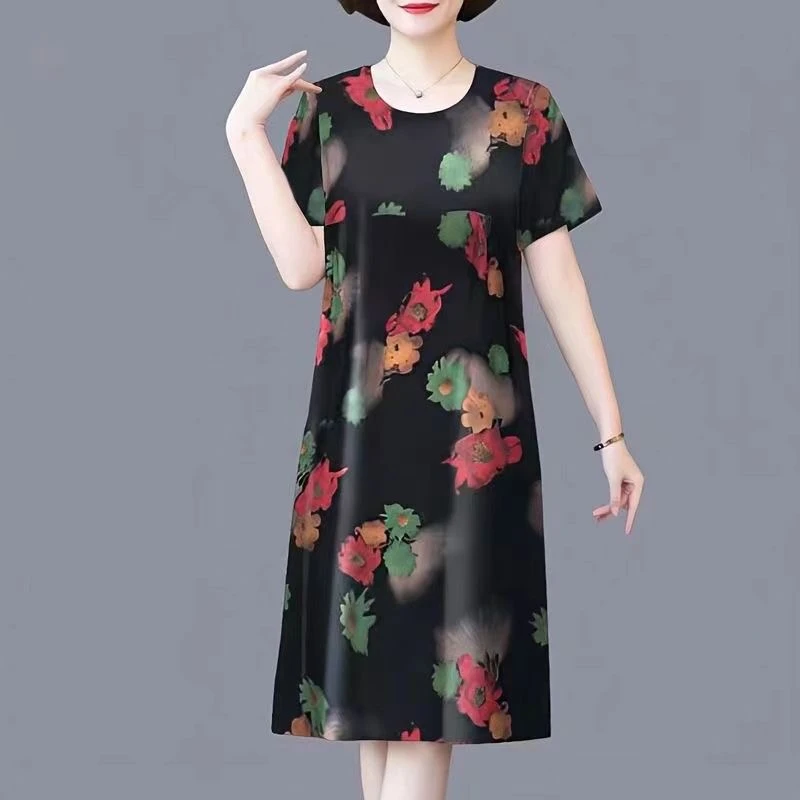 妈妈装夏季新款中老年连衣裙气质时尚印花宽松大码遮肚显瘦中长裙