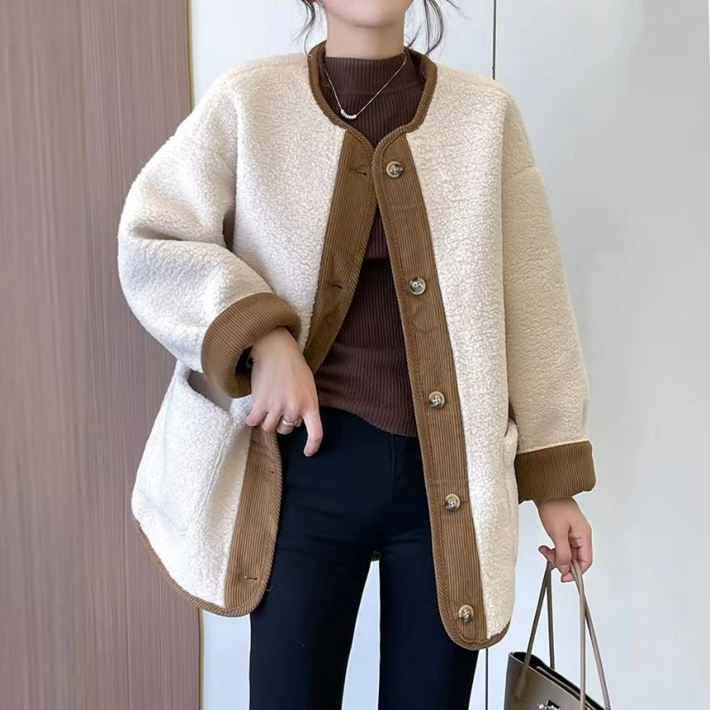 24001#春秋新款韩版宽松毛毛外套加厚撞色百搭复古时尚女装气质