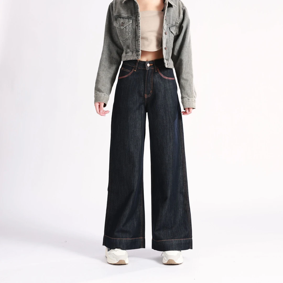 莱赛尔丹宁蓝阔腿牛仔裤女款高腰显瘦宽松深色垂感直筒松弛感秋季