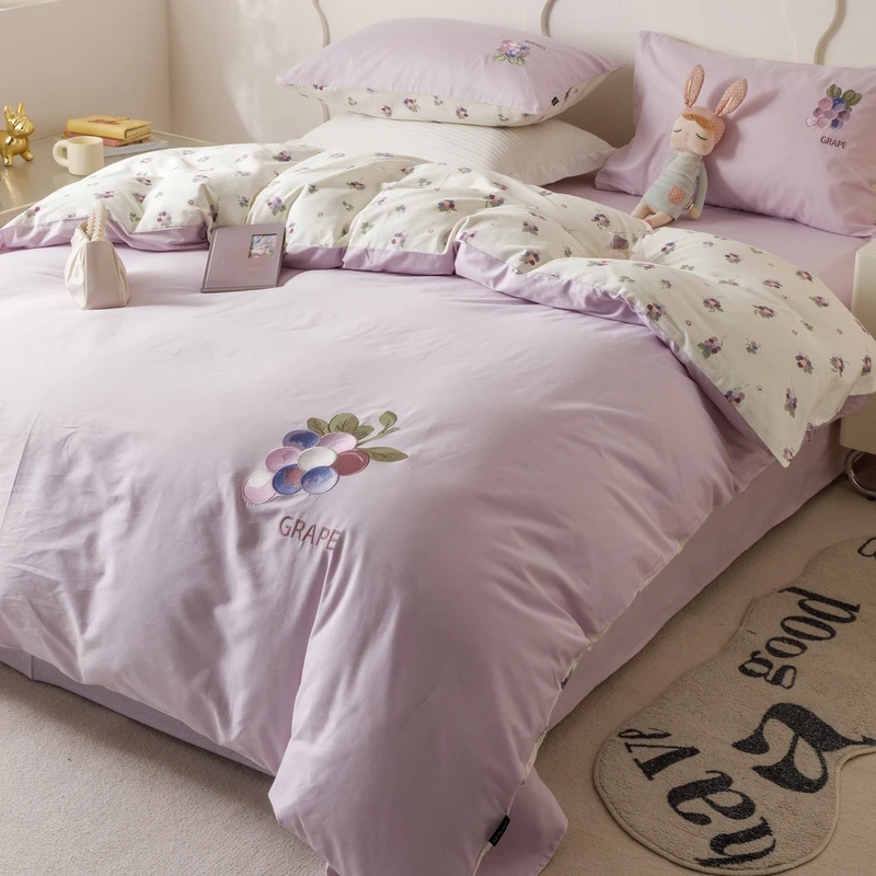 【紫葡萄】全棉小清新刺绣三件套四件套床单被套100%纯棉简约单人