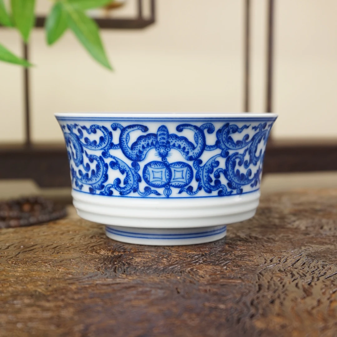 百蕙柴窑手绘青花瓷点工满工带内绘重工緾枝莲矮马蹄杯景德镇茶杯