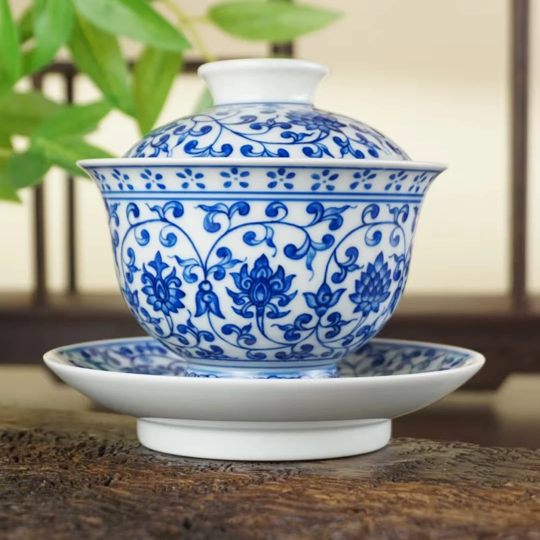 德物小雅缠枝莲三才大盖碗盖碗双狮滚绣球纯手工大盖碗缠枝莲花纹