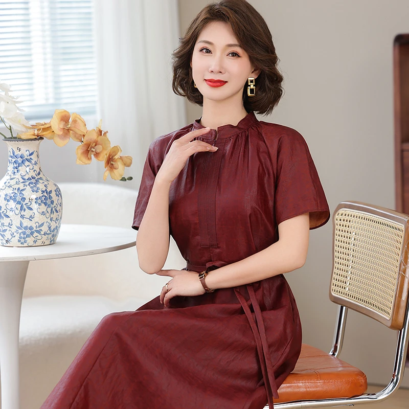 卡若维娅高端香云纱真丝连衣裙女100%桑蚕丝气质长裙子高级感短袖