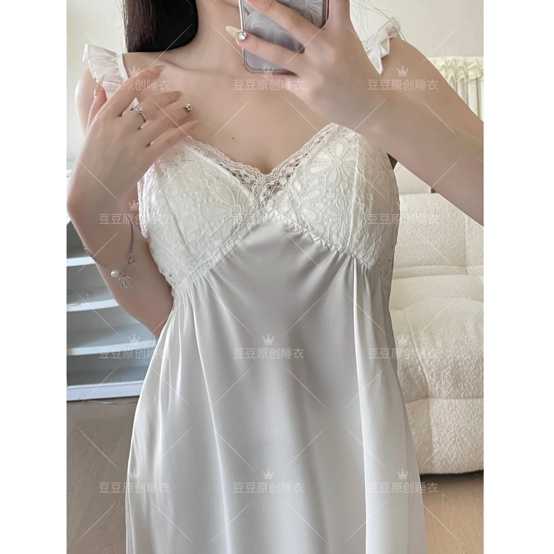 豆豆【情人节】柔光软丝带胸垫吊带睡裙高腰显瘦夏季显高显白睡衣女