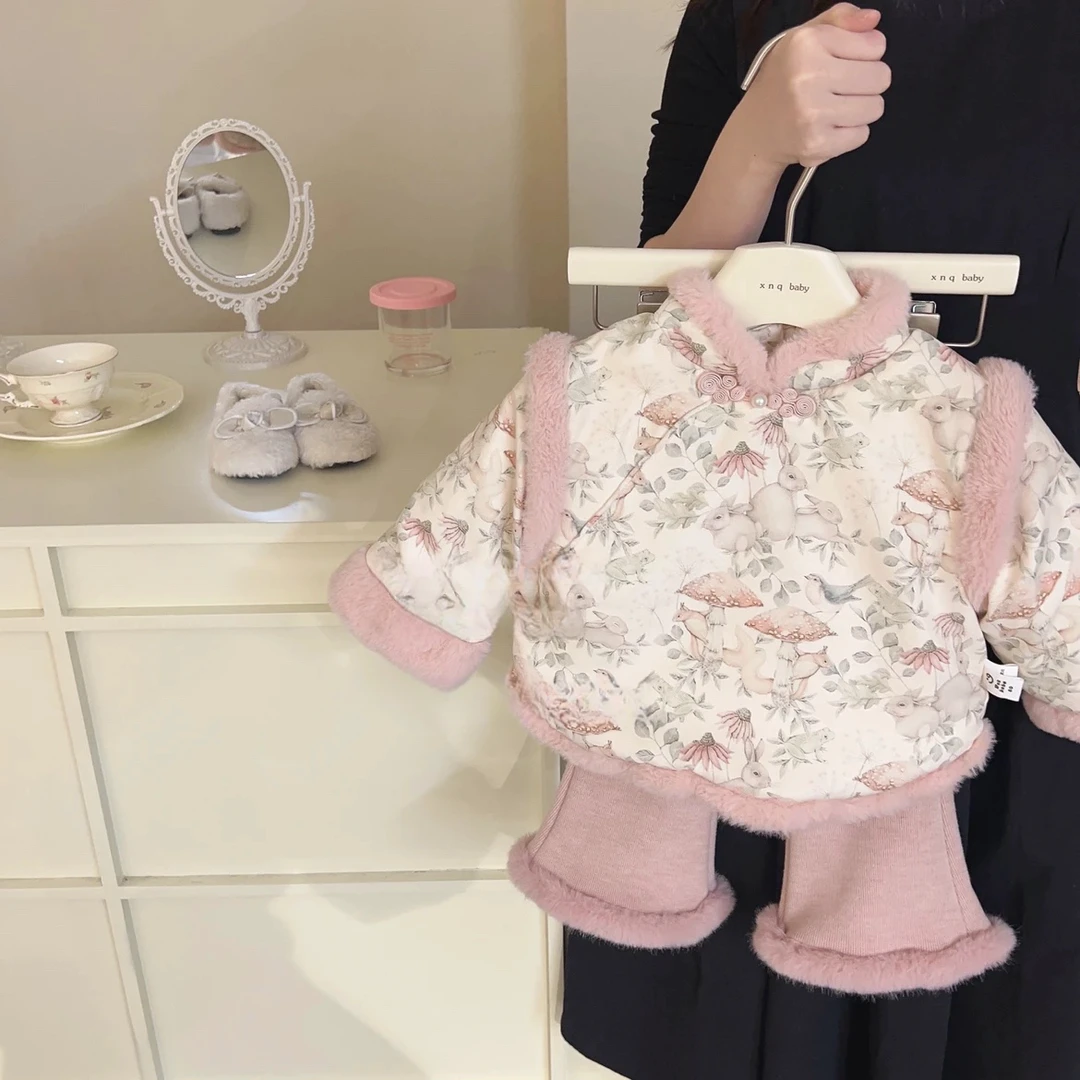 女童套装冬装洋气儿童衣服加绒女宝宝周岁礼服过年拜年汉服两件套