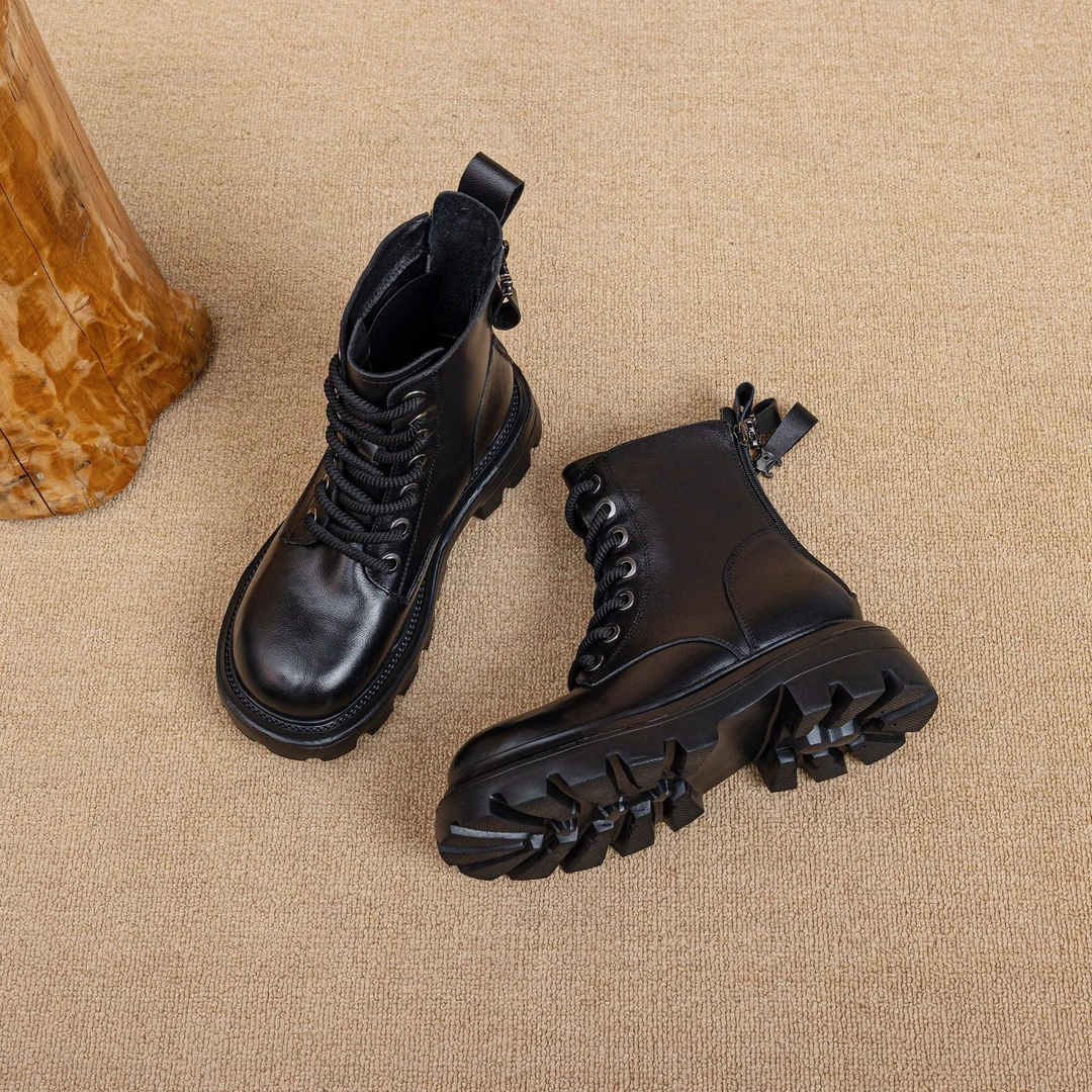 无品牌全真皮真皮马丁靴秋冬季网红时尚百搭复古厚底加绒英伦风