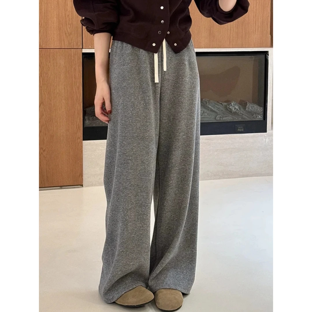 2025秋季新款松紧腰垂感直筒阔腿卫裤女高腰宽松休闲百搭拖地长裤