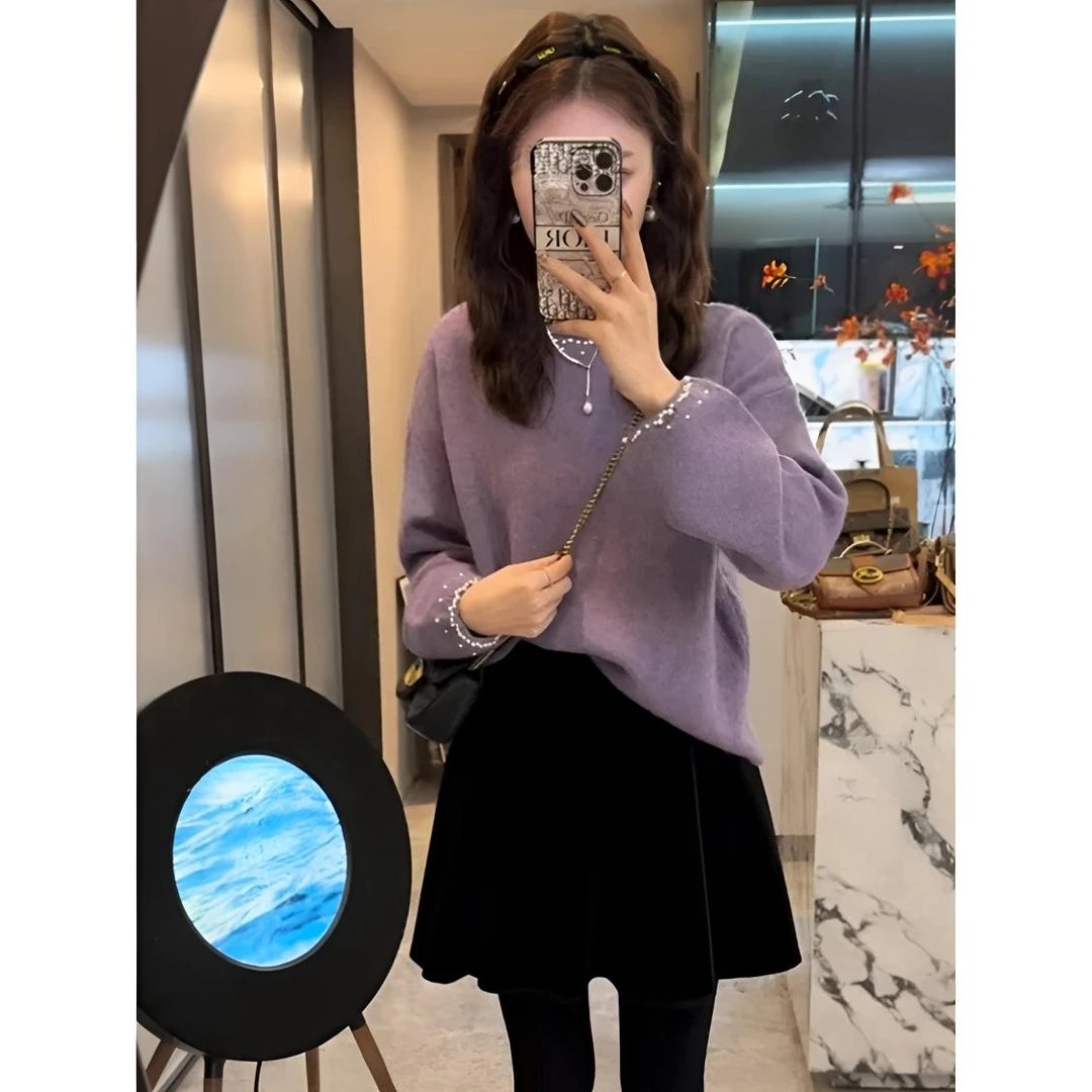 秋冬季新款慵懒风气质时尚设计感重工套头针织衫毛衣半身裙两件套