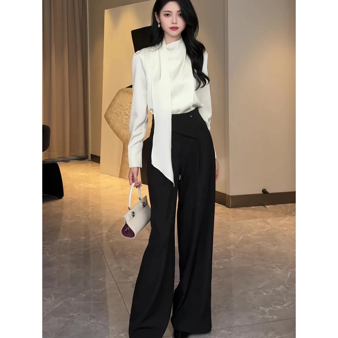 秋季新款韩版时尚气质休闲百搭设计感高级感长袖衬衫裤子两件套