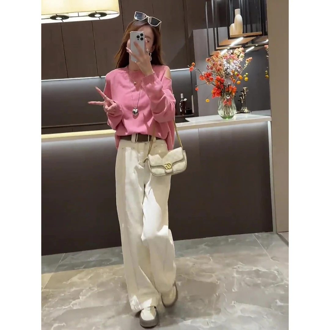 2025秋季新款时尚套装女露肩圆领针织上衣高腰显瘦牛仔裤两件套