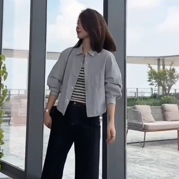 2025早秋新款长袖衬衫外套女气质百搭减龄宽松显瘦高级感短款上衣