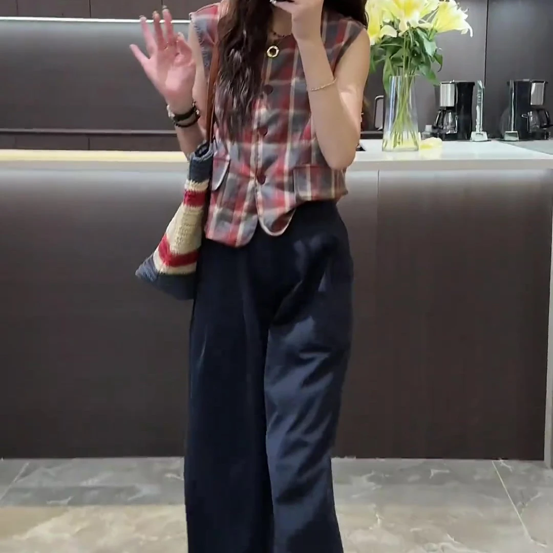 2025新款时尚复古彩色格子无袖上衣女夏季气质休闲百搭休闲裤套装