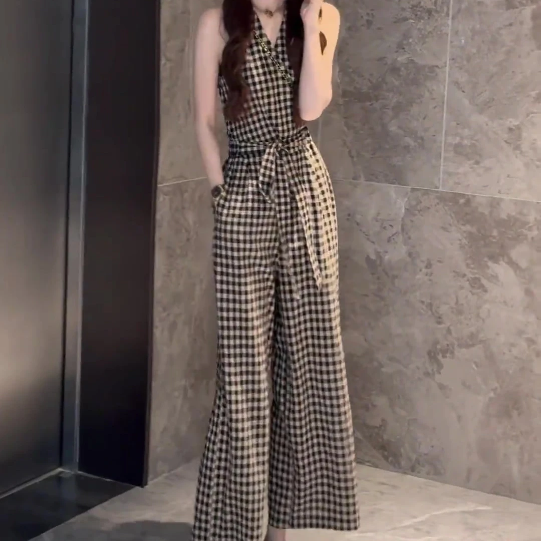 2025夏季新款时尚系带格子套装女气质复古上衣休闲阔腿裤两件套