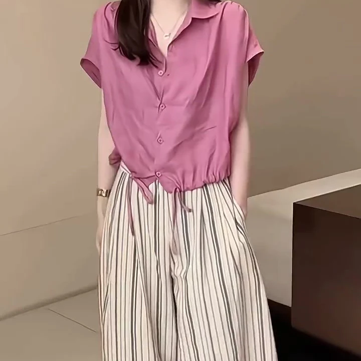 2025夏季新款时尚套装女气质轻奢休闲上衣女百搭显瘦条纹裤两件套