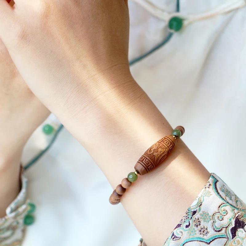 璞然 印度老山檀香 大智慧六字箴言单圈0.6cm手串配和田玉