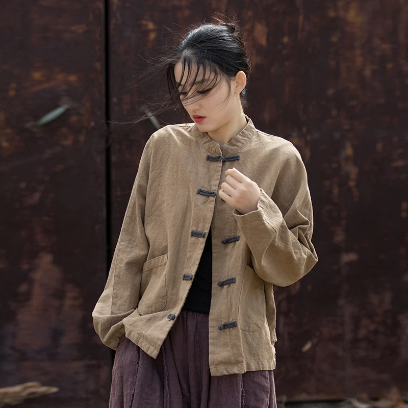 春女装炒色新品撞色盘扣上衣改良新中式居家禅修女式外衣国风衬衣