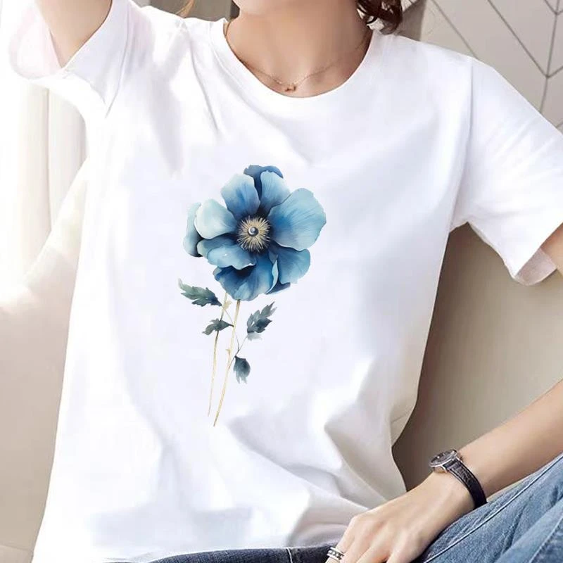 花朵可爱女通勤短袖印花上衣韩版时尚ins个性休闲流行印花圆领T恤