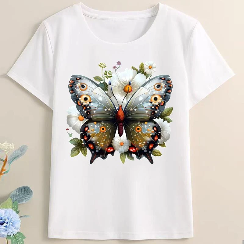 女蝴蝶花朵通勤印花上衣时尚ins个性可爱休闲流行印花短袖圆领T恤