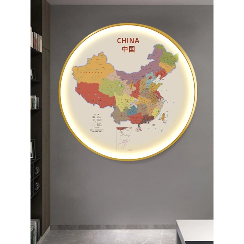 世界地图中国灯画办公室玄关书房圆形装饰画客厅过道中国地图挂画