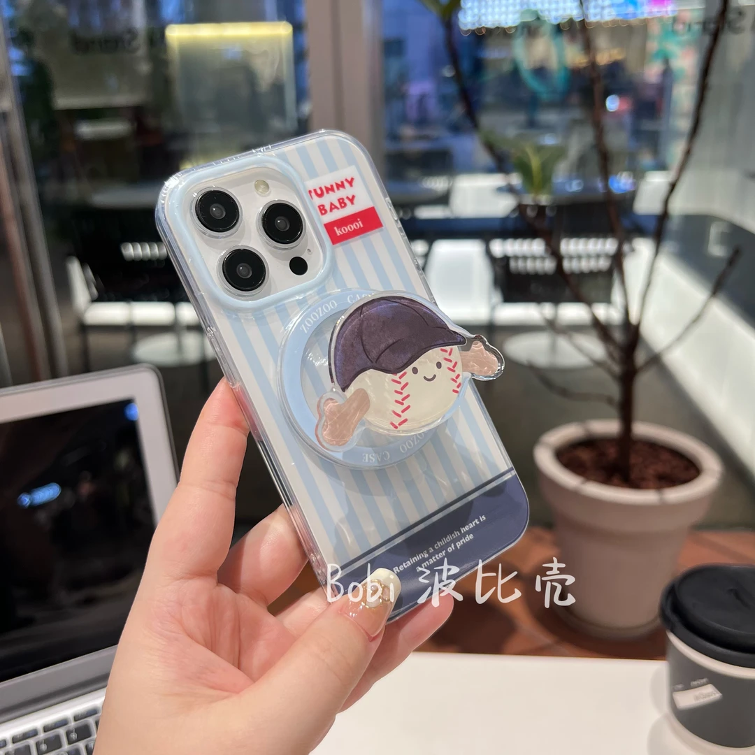 ins创意卡通蓝白条纹棒球双层磁吸防摔适用苹果手机壳iphone15/14