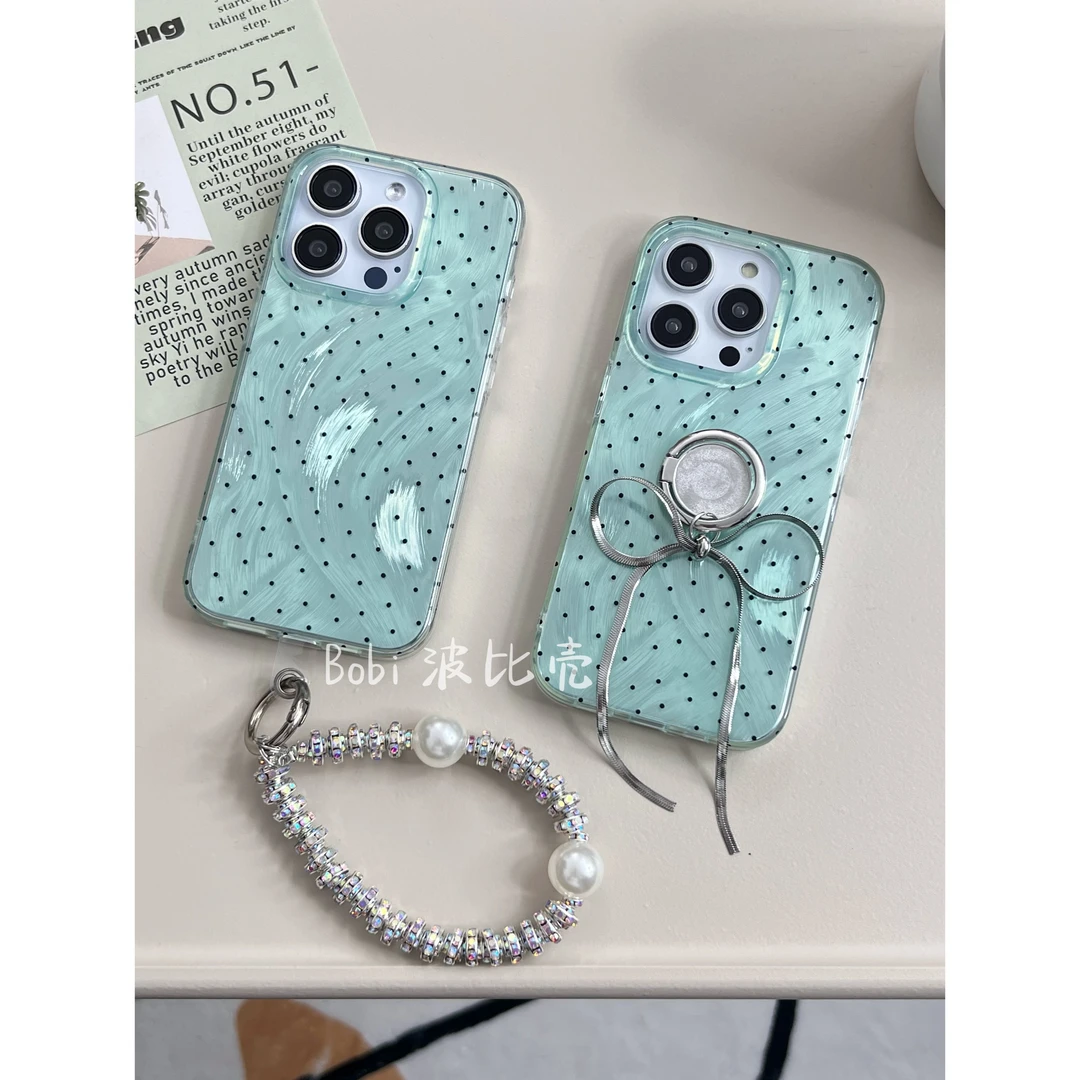ins高级薄荷曼波绿羽紗波点适用苹果手机壳iPhone15/14/13/12防摔