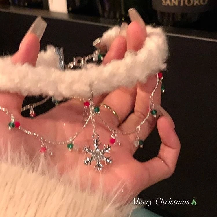 合金吊坠 圣诞节双层雪花项链女毛绒颈链2023新款爆款锁骨链秋冬