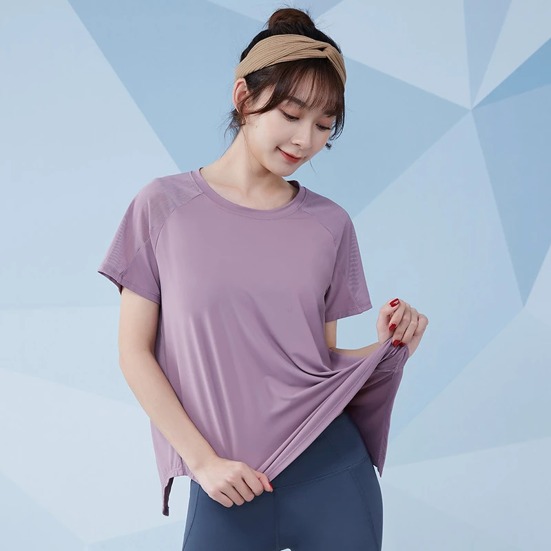 【后开叉】速干户外跑步运动圆领短袖宽松显瘦网纱拼接健身服