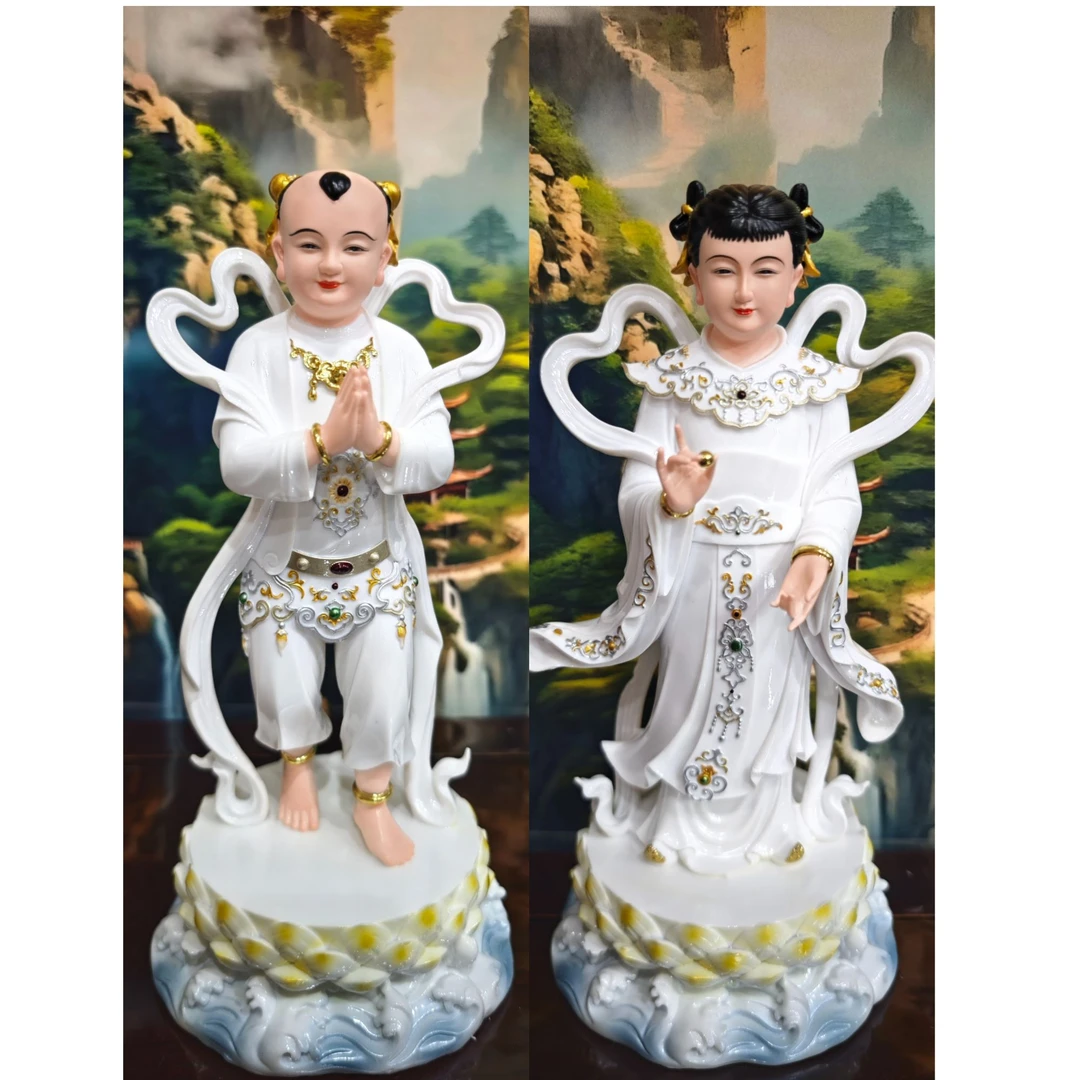 12寸仿瓷童男童女童子童女金童玉女善财龙女像体工艺品