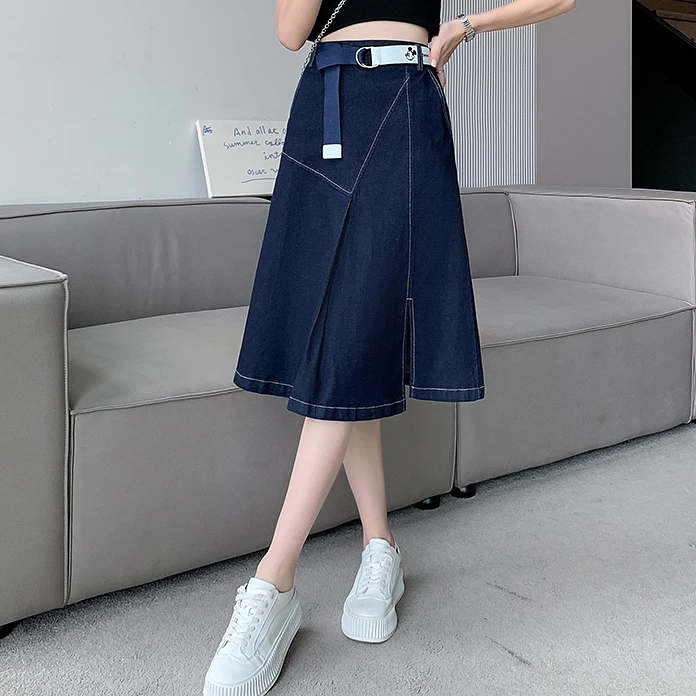 微胖洋气女装遮肚子裙子胖mm大码牛仔半身裙梨型身材开叉A字裙薄