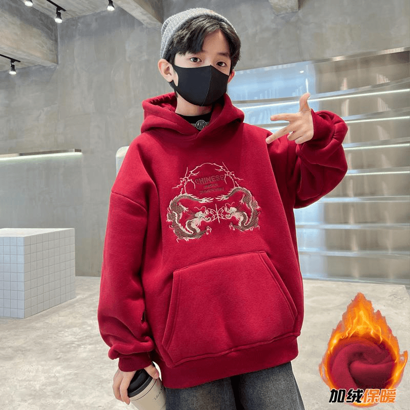李宁儿童男童加绒连帽卫衣秋冬款2023新款儿童冬装加厚拜年服喜庆