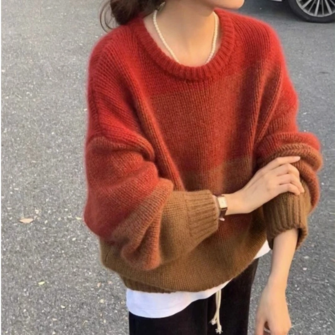 渐变树莓色套头毛衣女秋冬欧货新款圆领软时尚针织衫冬季上衣百搭