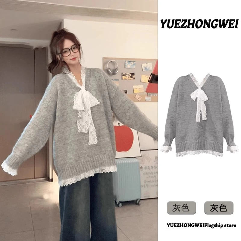 灰色V领套头蕾丝毛衣女秋冬加厚宽松外穿慵懒风高级感针织衫上衣