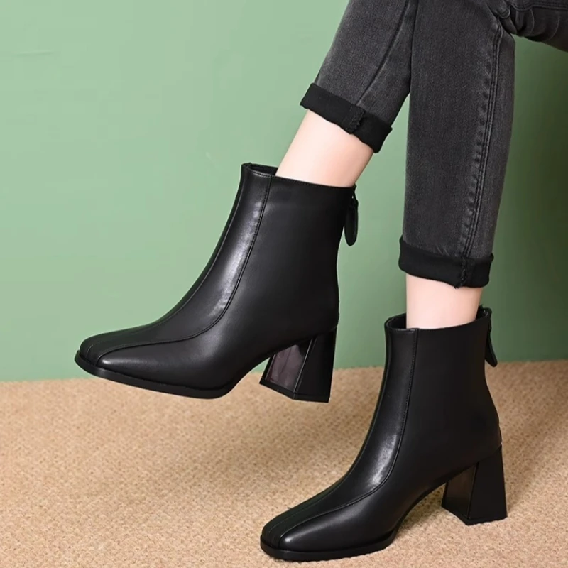 法式复古真皮后拉链高跟短靴女2024新款秋冬单靴粗跟方头瘦瘦靴子