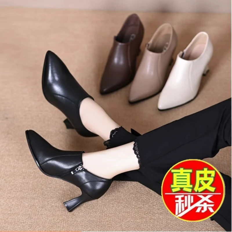 2024年新款春季高跟鞋女真皮尖头粗跟单鞋春秋英伦风软皮深口皮鞋