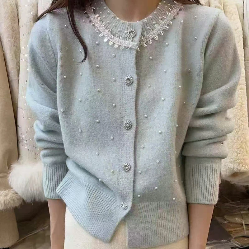 气质长袖时尚百搭圆领网红秋冬设计感毛织开衫OHWKH12095