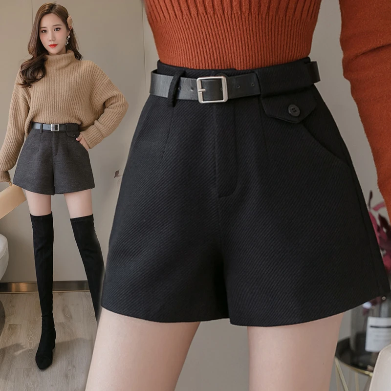 毛呢短裤女外穿高腰2024秋冬季新款韩版显瘦a字打底阔腿短裤靴裤