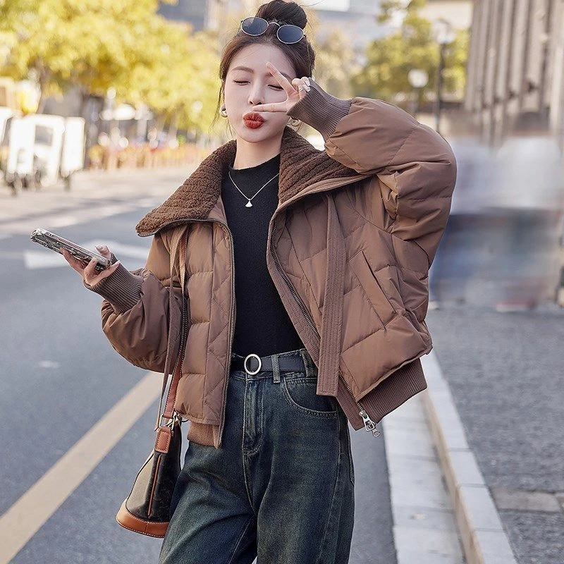 短款羽绒服2024冬季小个子高级感超好看美羊羔毛拼接立领面包服女