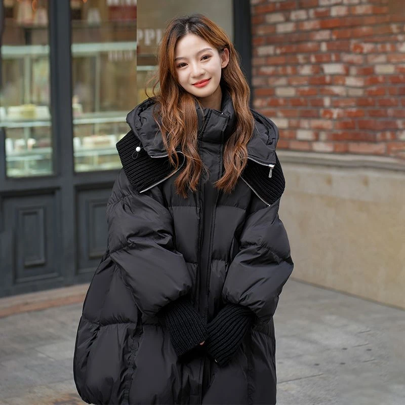 加厚保暖羽绒服女中长款冬季百搭韩版休闲宽松针织拼接设计感外套