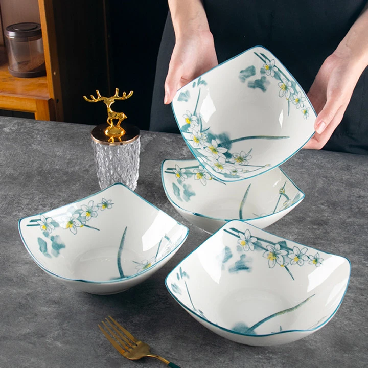 【4个装】新中式水仙花8方斗四角碗家用陶瓷菜盘面碗健康釉下彩餐具