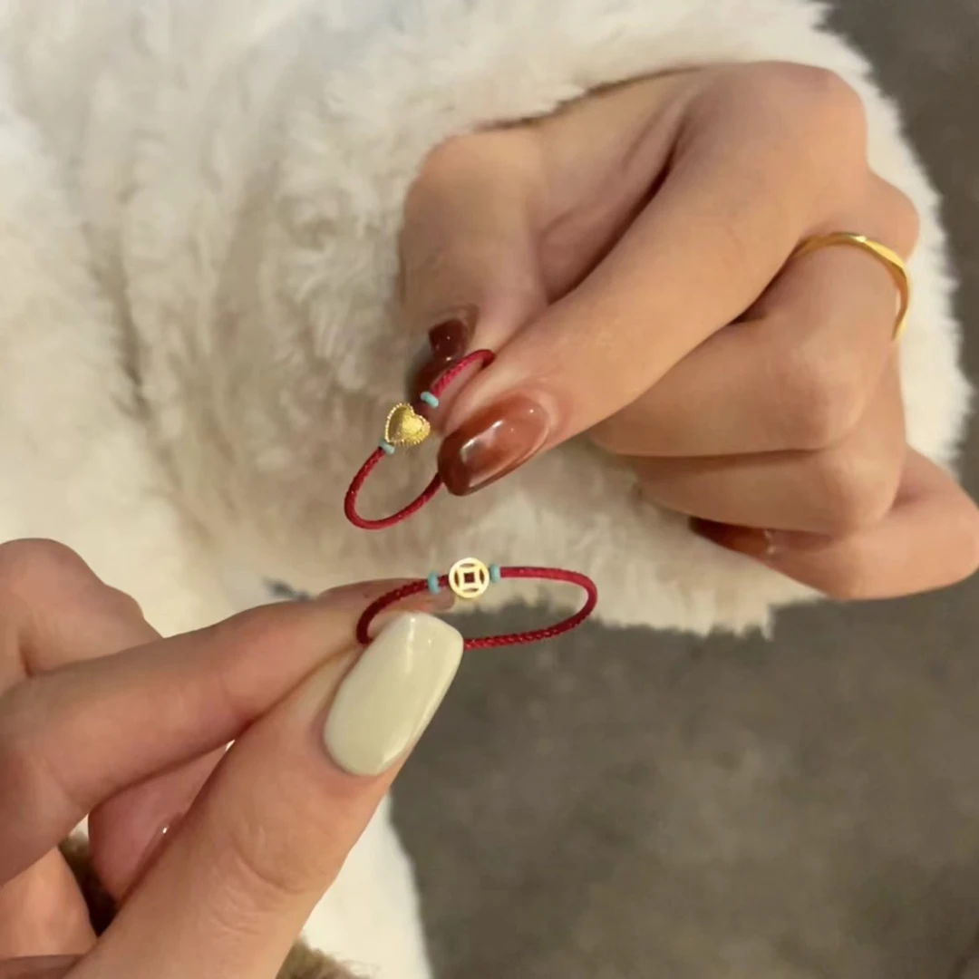 铜合金布艺戒指 复古简约红绳戒指爱心铜钱戒指